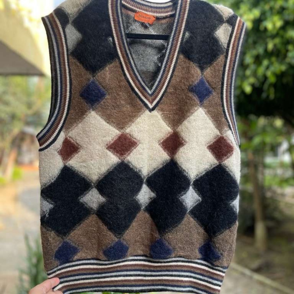 Missoni V-Neck Sweater Vest in Black, Brown, and Cream